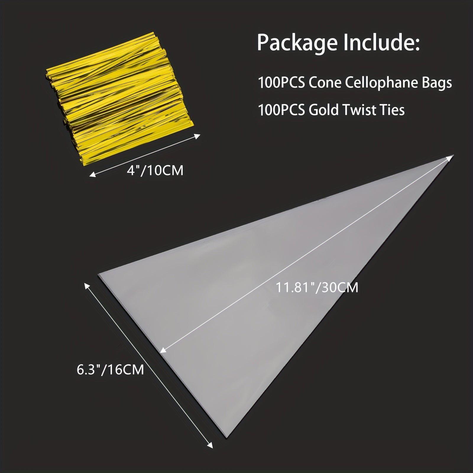 TEMU 100pcs, Cone Cellophane Bags, Clear Cone Shaped Bags With Golden Twist Ties, Christmas Plastic Cone Bags Bags For Popcorn Favor Candy, Small