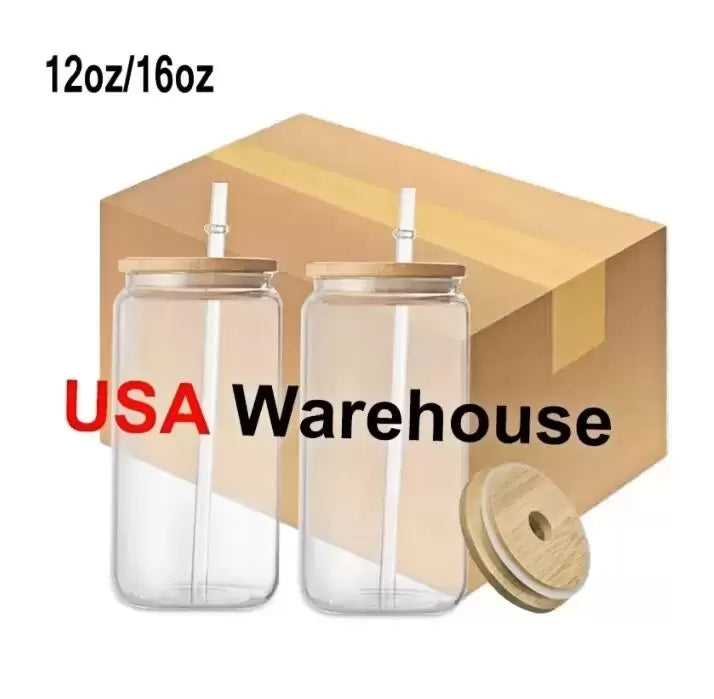 US Warehouse 16oz Sublimation Glass Can Tumbler Frosted Cola Can Bamboo Lid Beer Cocktail Cup Whiskey Coffee Mug Iced Tea Jar