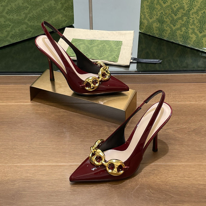 Summer women Pointed Toe Slingback Sandals Metal buckle decoration Elegant Party Wedding Dress shoes leather shoes pumps luxury Designer factory foo