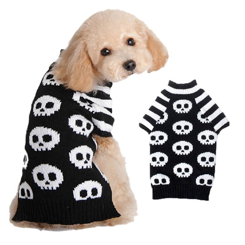 Halloween Pet Sweater | Warm & Cozy Halloween Pattern Dog Clothing, Black and white skull - M
