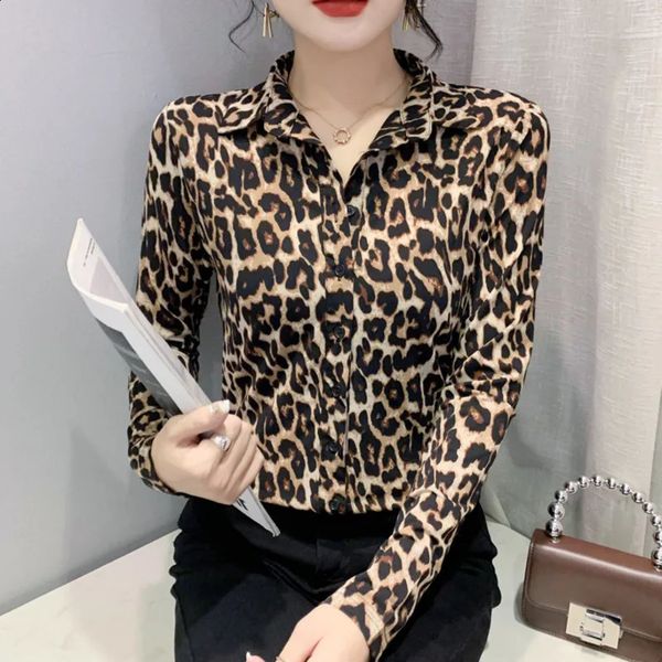 #7982 Leopard Shirt Women Long Sleeve Turndown Collar Vintage Korean Style Buttons Slim Womens Blouses And Tops Spring Autumn 250120
