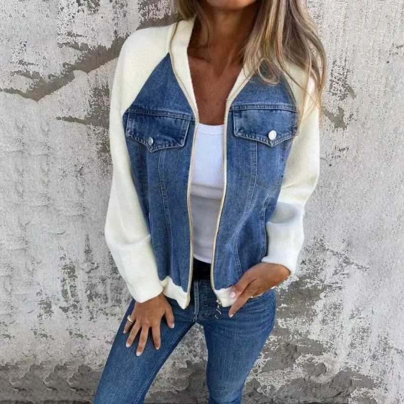 Fashion Patchwork Style Handsome Stand Collar Jackets Female Zipper Wild Slim Denim Coats Tops Autumn Winter Outerwear 2024 NewX240920