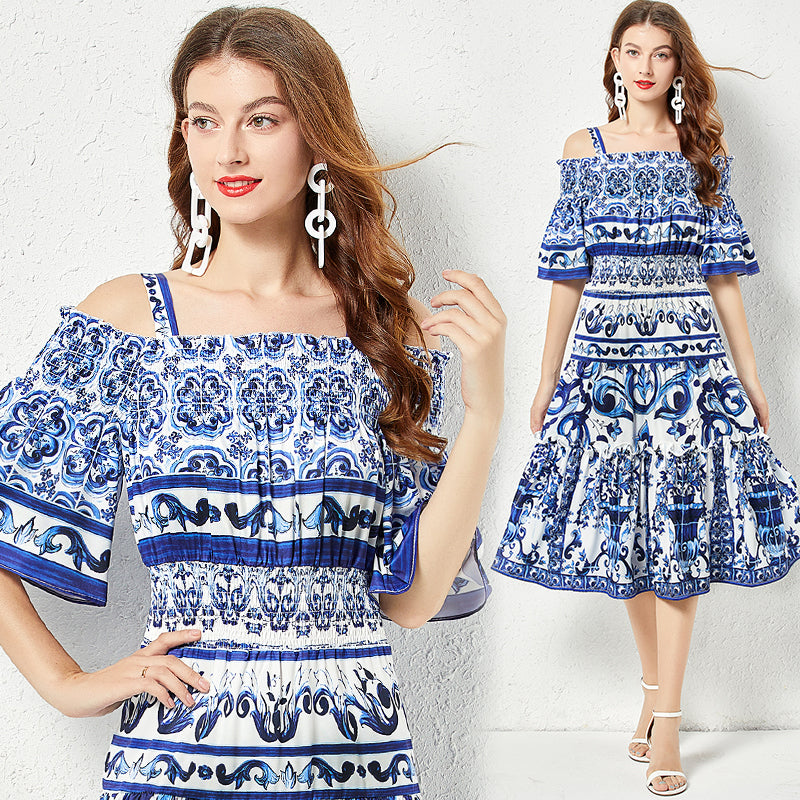 2023 Retro Print Women Designer Dress Summer Off Shoulder Sleeve Club Dinner Loose Big Swing Dresses Fine Elegant Robe Ladies Suspender Strap Slim A