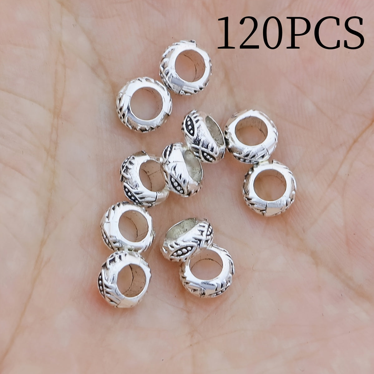 TEMU 120-360pcs Carved Pattern Large Hole Ancient Silveryy Spacer Beads, Size 6mm, Hole 3.5mm, Making Accessories, Bracelets, Necklaces, Bead
