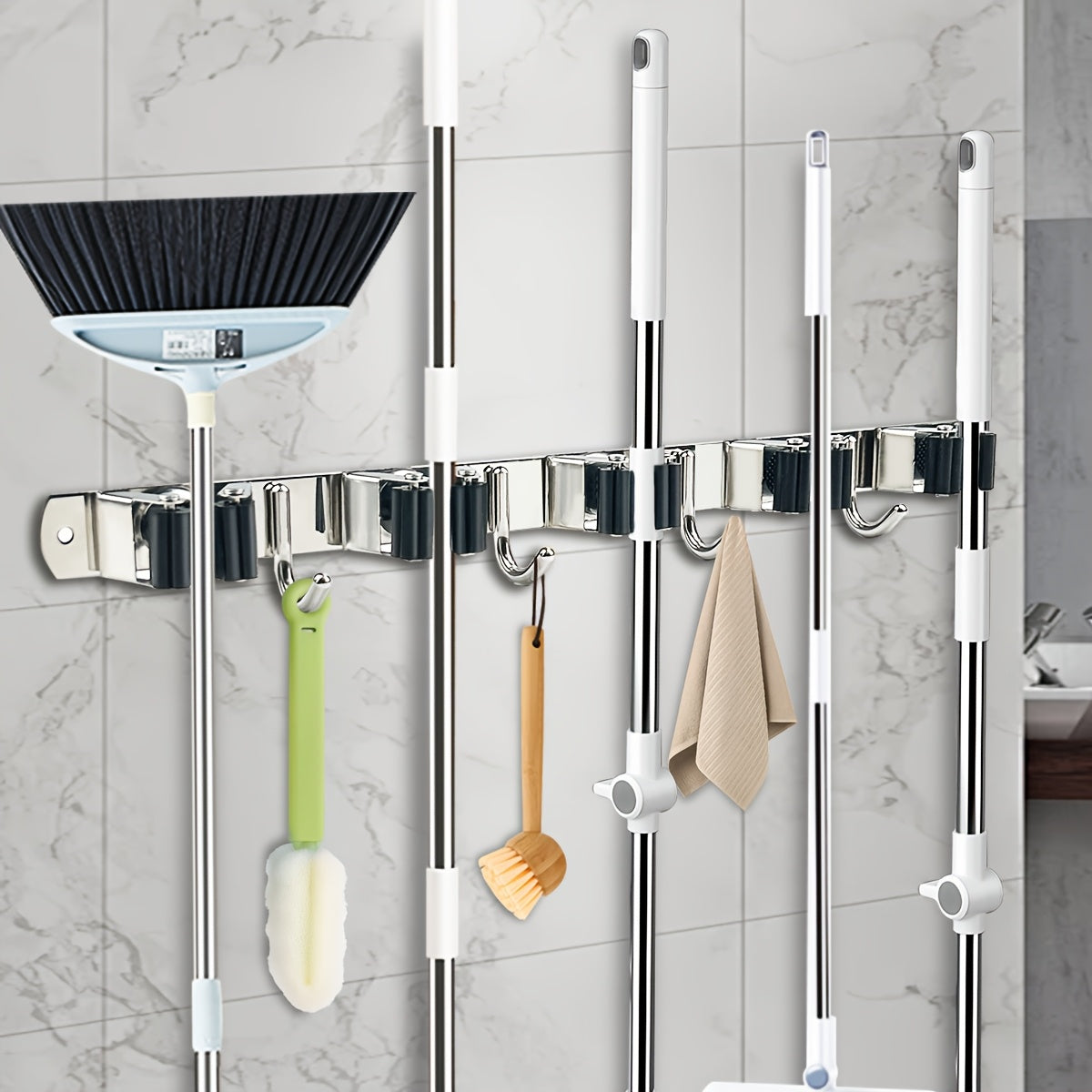 TEMU 5 Racks And 4 Hooks Mop And Broom Holder Wall Mount Broom Organizer Storage Tool Racks Stainless Steel Heavy Duty Hooks Self Adhesive Solid