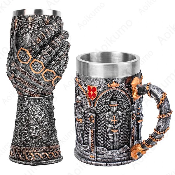 The Vow English Armoured Knight Latin Oath Beer Mug Tankard Stein 304 Stainless Steel Armoured Glove Chalice Goblet Wine Glass 241009