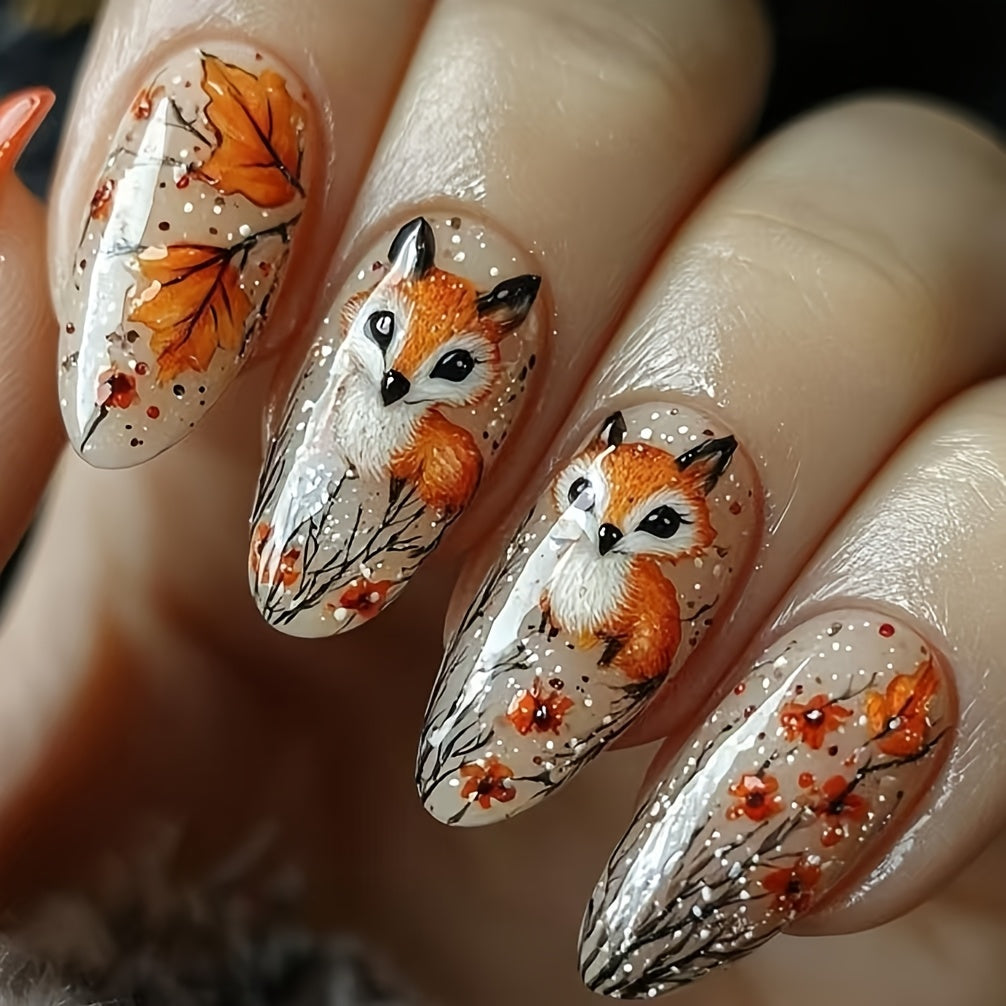 TEMU 24pcs Press-on Nails - Autumn Fox & Maple , Long Stiletto False Nails With Orange--, Glossy Finish For Fall, Halloween, Christmas - Easy