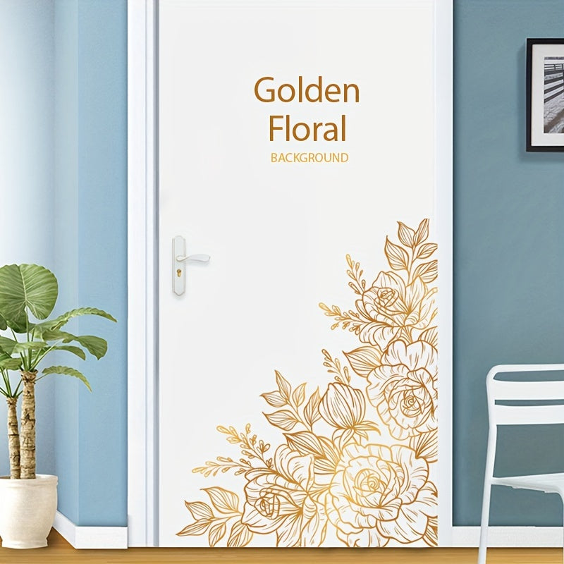 TEMU 1pc Bohemian Style Golden Floral Self-adhesive Wall Decal, Removable Pvc Sticker For Bedroom Door, Class Construction Theme, Semi-matte , Single