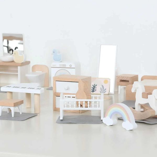 Modern Dollhouse Wooden Furniture Decoration Set DIY Bathroom Bedroom Dolls House Kitchen Items Table And Chairs Baby Accessorie Y240807