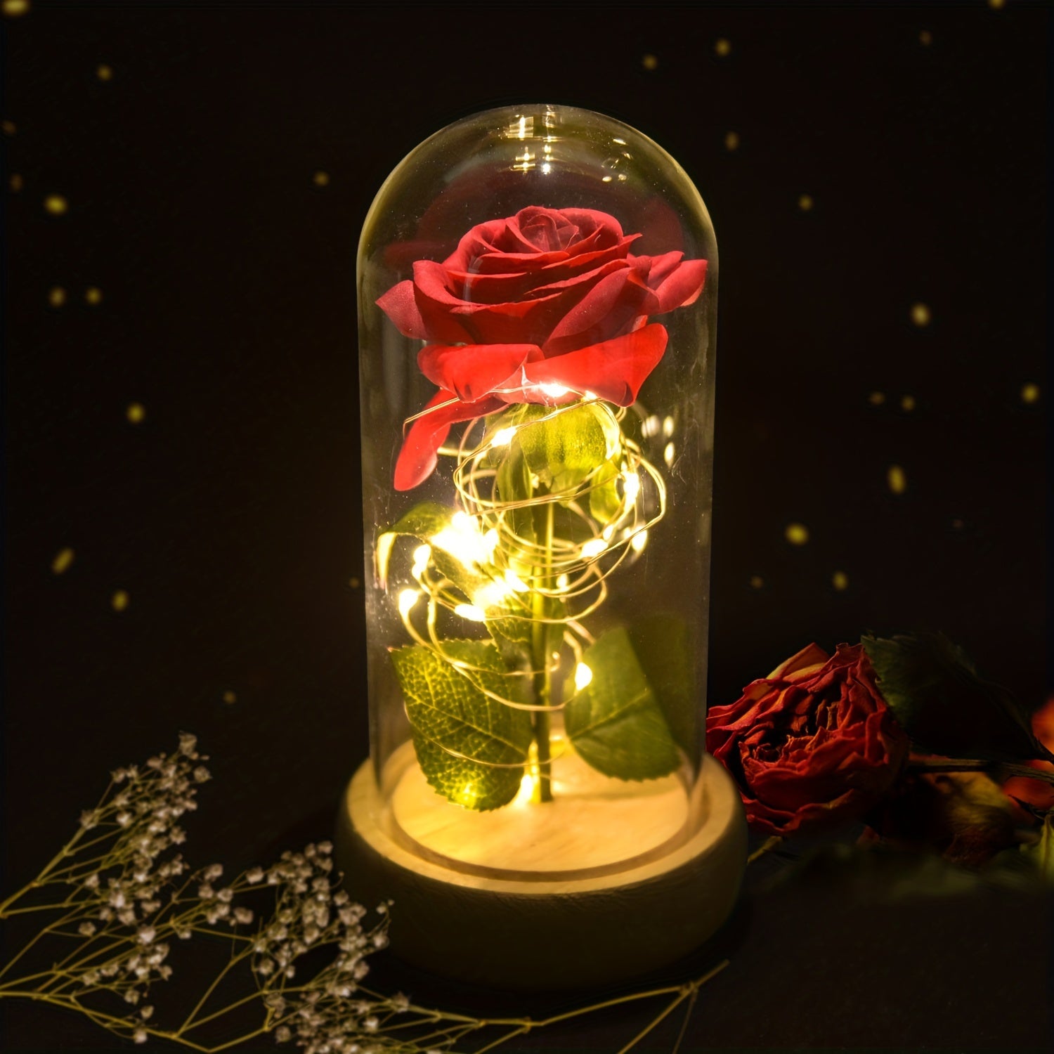 TEMU Led Lighted Artificial Rose In Glass Dome - Realistic Red Rose With Warm , Elegant Tabletop Decor For , Valentine's, Wedding, Birthday,