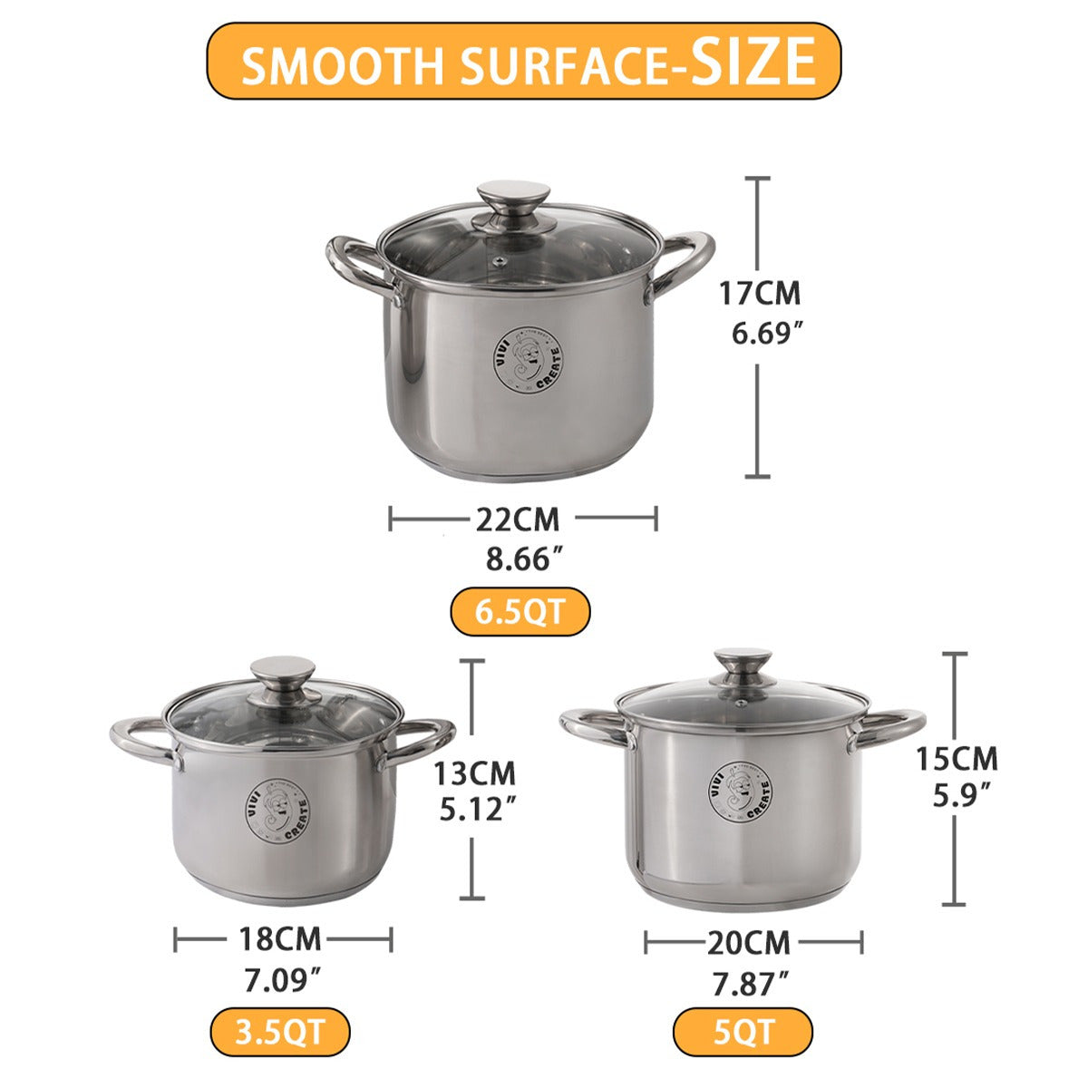 TEMU Vivicreate 3pcs Stainless Steel With Glass Lid, Induction 6.5qt-5qt-3.5qt, Dishwasher Safe Pot, Handles, Measuring Scale, Soup Pasta Stew Pot,