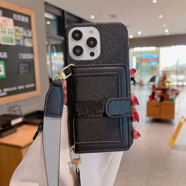 Luxury Leather Wallet Phone Case for iPhone 16 15 Samsung S25 Crossbody Strap Card Holder Magnetic Tab Closure Lens Bump Hardwares Back Cove