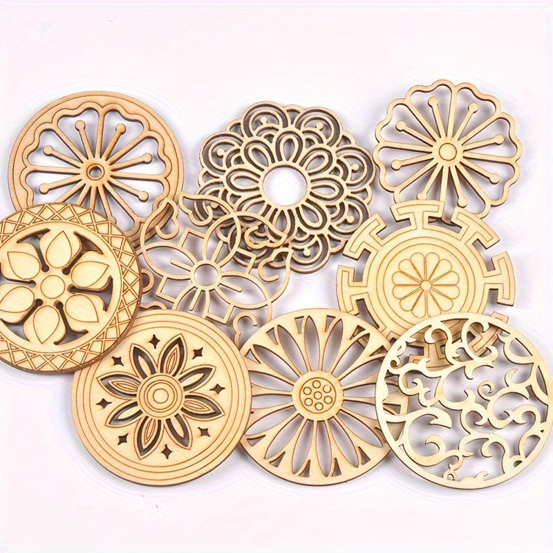 TEMU 9-pack Mixed Unfinished Round Wooden Cutouts With Floral Patterns, Diy Cup Coasters, Scrapbooking Home Decor Accessories, Wooden Crafts For