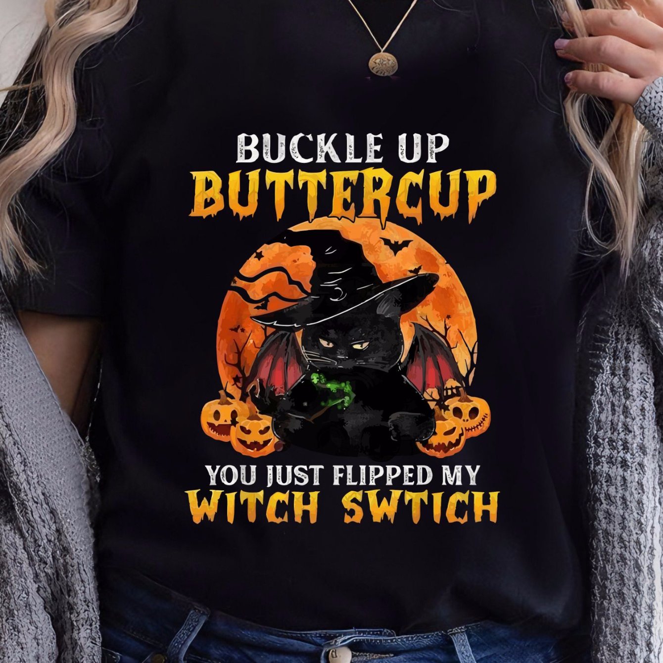 TEMU Women's Halloween Black Cat & Pumpkin Print T-shirt - Hat & Bats Graphic With " " Quote, Casual Crew Neck Short Sleeve Top For , Machine