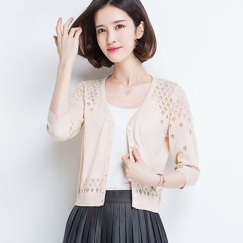 K1196 Sun protection cardigan suspenders inner wear thin knitted cardigan women&#039;s hollow Korean style short sun protection clothes all-match ic