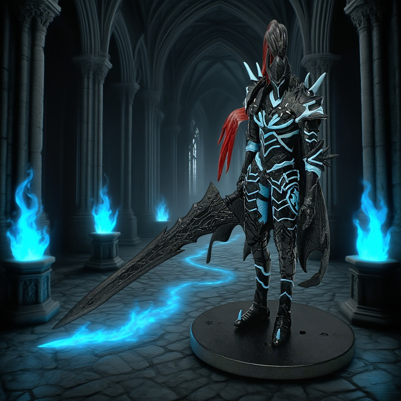 TEMU Anime Knight In Black Armor Collectible Pvc Statue - Detailed Dynamic With Long Sword, Glowing Blue Effects & Eyes - Desktop & Computer Case