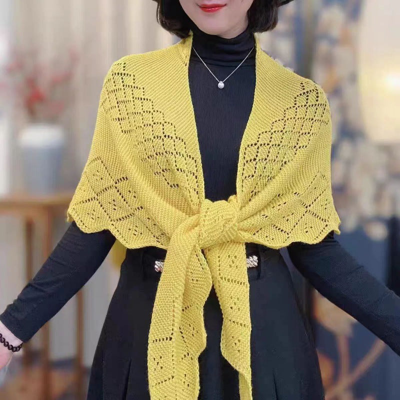 K792 2024 Spring and Autumn Fashion All-match Knitted Scarf Hollow Triangle Solid Color Shawl Thin Outerwear Women&#039;s Summer Small Waistcoat