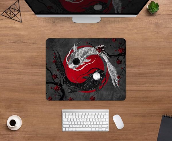 Kawaii Desk Mat Koi Fish Black Red and White Mousepad Grey Japan Style Mouse Pad Aesthetic Large XXL Gaming Deskmat Carpet
