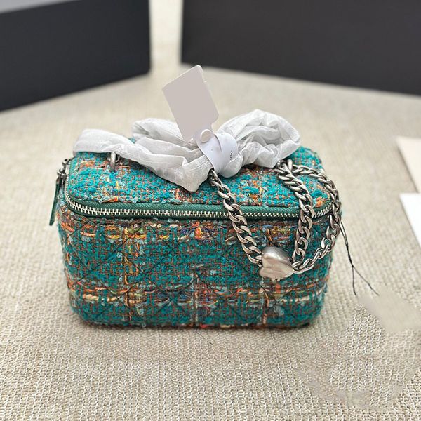 Womens Wool Tweed Check Luxury Vanity Makeup Box Bags With Mirror Crush Heart Bead Silver Metal Chain Crossbody Handbags Lipsctick Card Hold