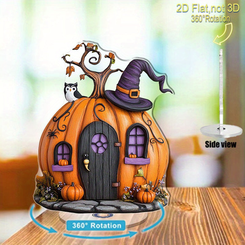 TEMU 2d Flat - 1pc 2d Flat Halloween Acrylic Tabletop Ornament - Whimsical With Hat & Owl, 360° Rotating Festive Home Decor, No Electricity Needed,