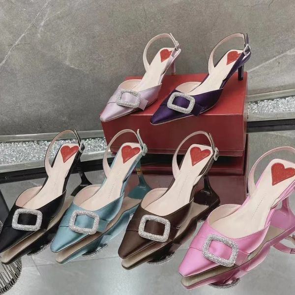 Top Quality Dorsay crystal Canard Slingback satin sandals Low Heels Square Toe Ankle Strap Buckle Classic Dress wedding party shoes