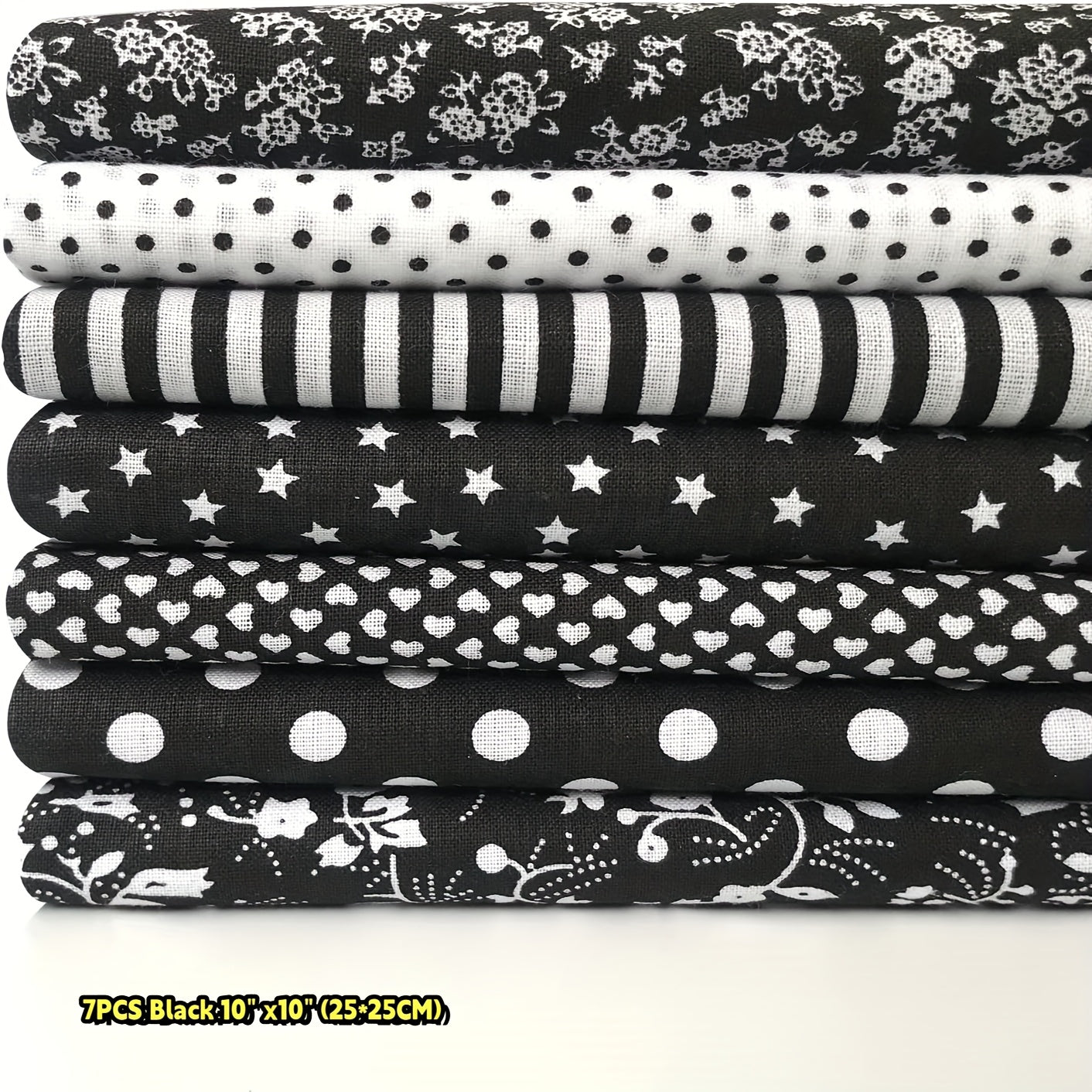 TEMU 7pcs Black 10x 10inchesdiy Cotton Fabric Bundle Different Pattern, Squares Material For Sewing Quilting Scrapbooking. Suitable For Making