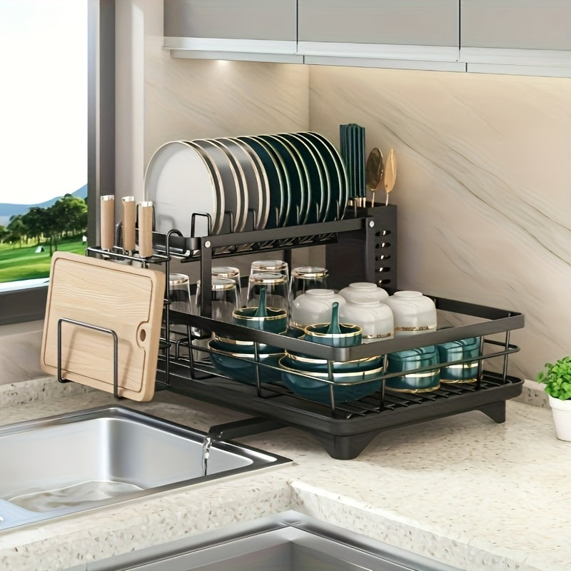 TEMU Double-layer Carbon Steel Kitchen Drying Rack - Dish Drying Rack With Drain Tray, Utensil Holder, And Cutting Board & Knife Stand - Space-saving