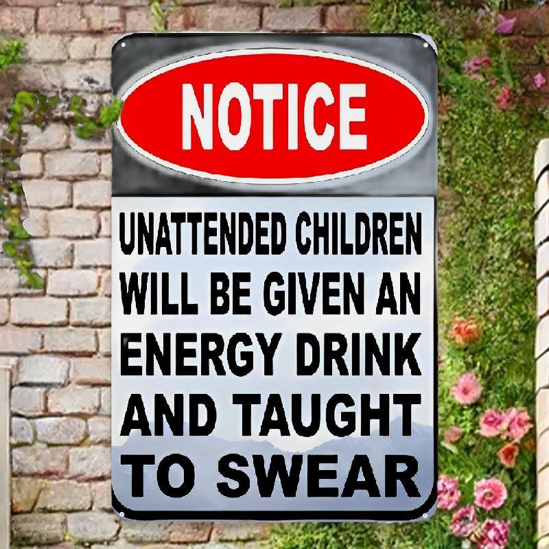 TEMU 1pc Vintage Metal Wall Sign - Humorous Unattended Children Warning, Energy Drink & Swearing Themed, Multipurpose Indoor-outdoor Decor, ,