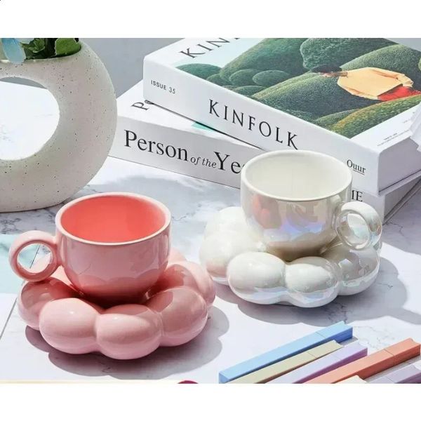 Simple Sunflower Coffee Cup Set Office Home Macaroon Series Coffee Ceramic Cup and Sauce Pink Pearl White Creative Cute Cup 240830
