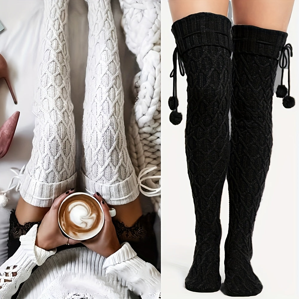 TEMU Of Fried Dough Twists Knitting Women's Knee Socks, Fleece Balls, Cute, Thickened, Warm, Cold Resistant, Warm, Soft, Comfortable, Stockings,