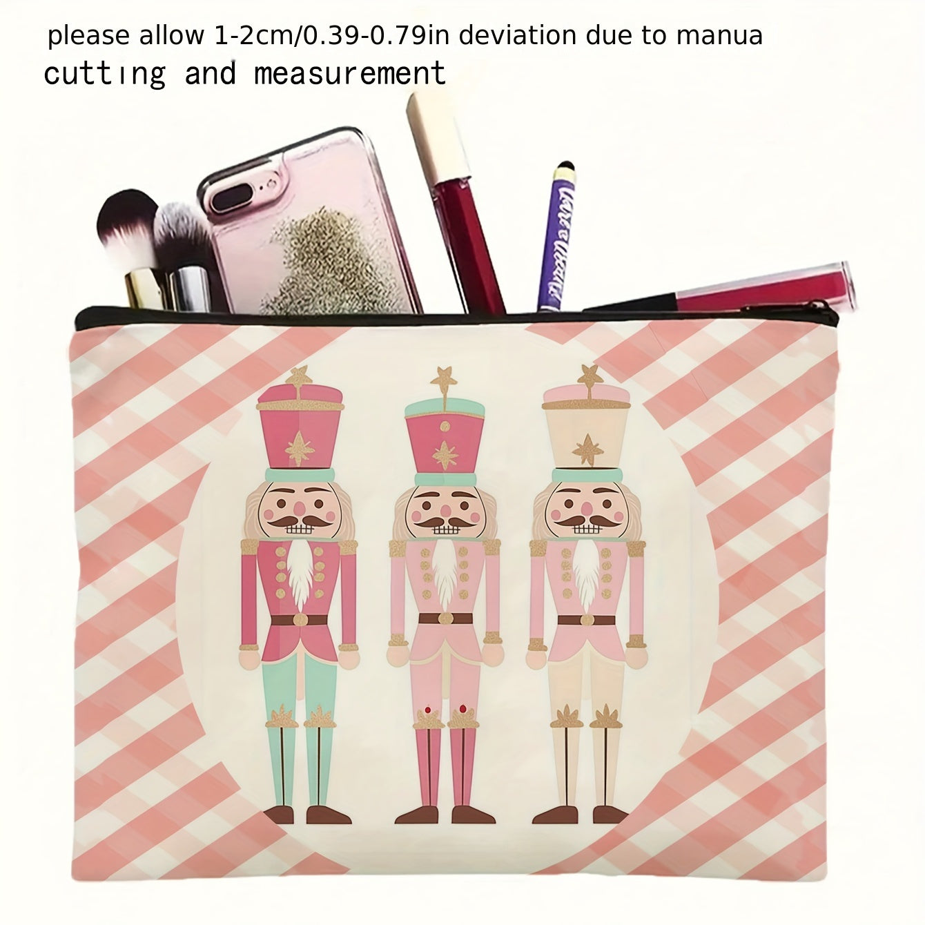 TEMU 1pc, Christmas Wearing Pink Nutcracker Pattern Linen Large Capacity Cosmetic Bag, Travel Small Items Portable Storage Bag, Beauty Bag, Family, ,