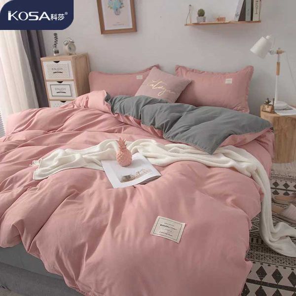 Simple Japanese Solid Color Pink Bedding Set Bed Cover Twin Full Queen Bed Linen Girl Women Polyester Bed Flat Sheet caseC250111