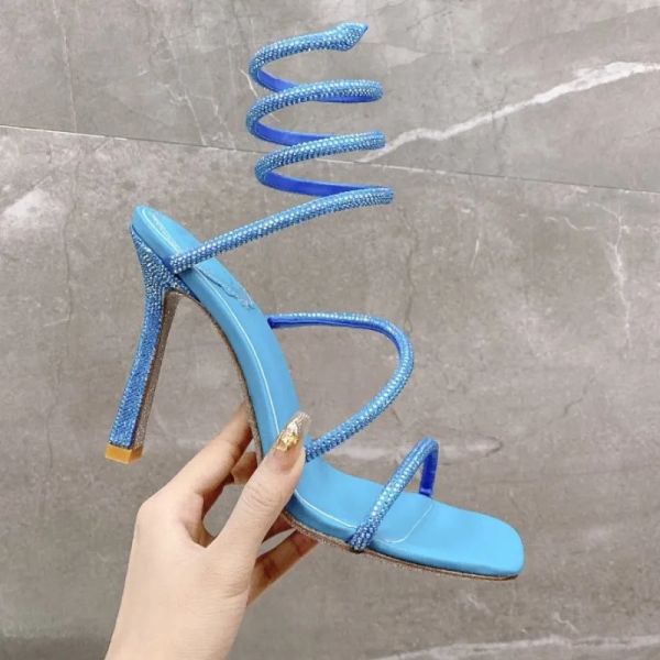 sandal New Rheinstone Snake Strap Stiletto Sandals Fashion Banquet Crystal 10.5cm Evening Dress Women&#039;s High Heels Square Toes Ankle Wr