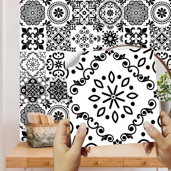16pcsset Black White Tiles Sticker Kitchen Backsplash Wardrobe Bathroom Waterproof Peel Stick Bright Film Art Wall Decals 240727