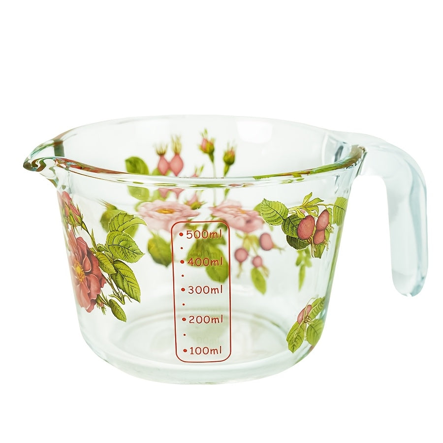 TEMU [1pc Elegant Floral Glass Measuring Cup] 1pc Elegant Floral Glass Measuring Cup, Food-grade Borosilicate Heat-resistant Glassware, Multipurpose