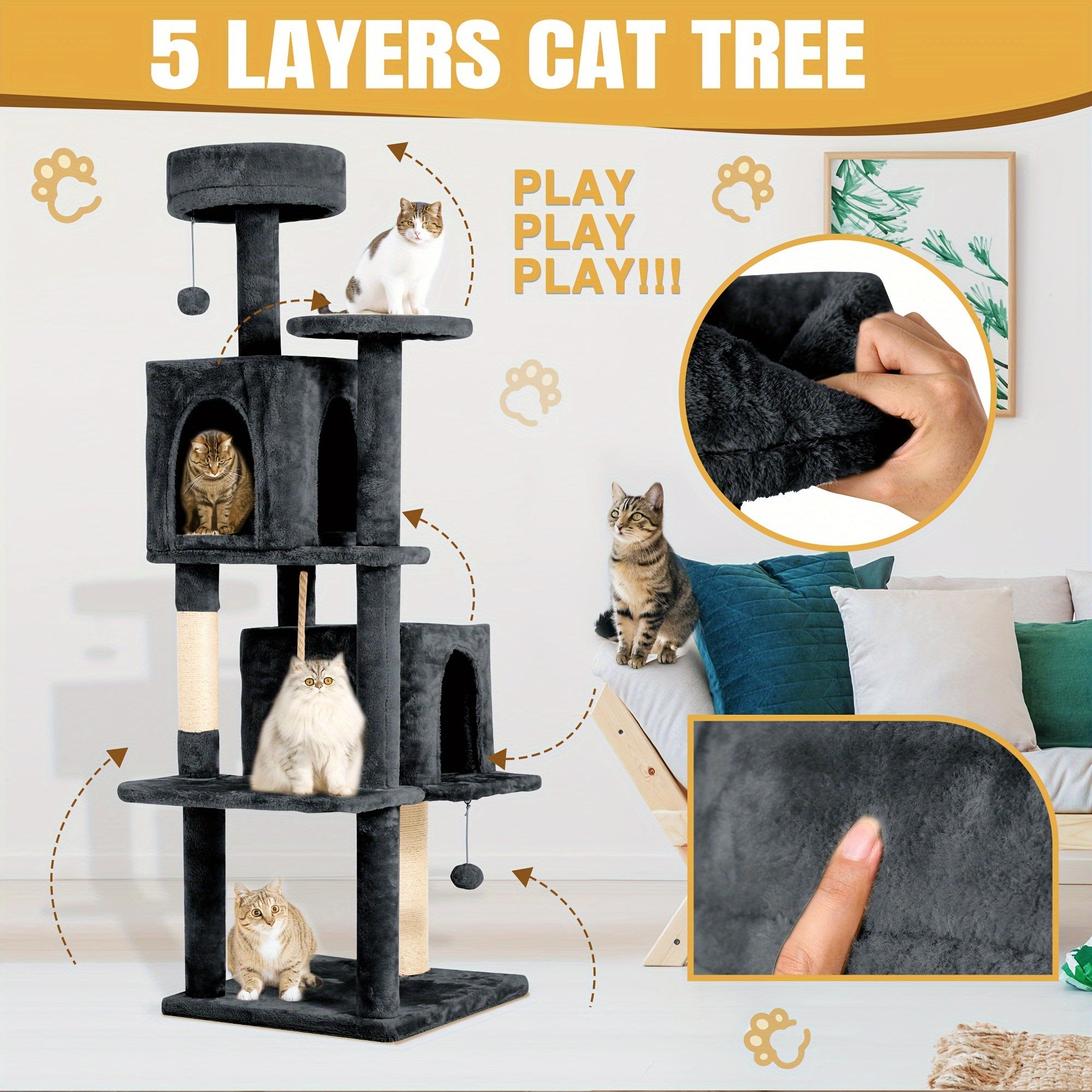 TEMU Tscomon 59" Large Cat Tower Cat Tree For Indoor Cats, Multi-level Plush Tall Cat House With Toy, Cat Sisal Scratching Post, Cat Furniture, Cat
