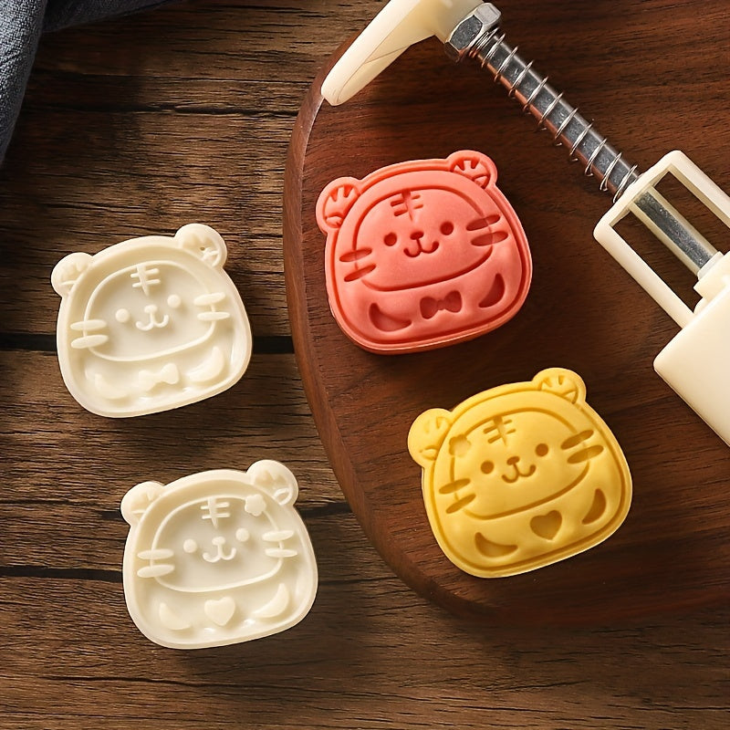TEMU Tiger Mooncake Mold Set With 2 Stamps - Diy & Pastry, Ideal For Mid- & Home Baking - Plastic Kitchen Gadget