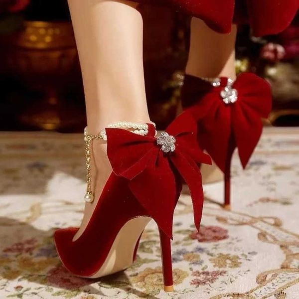Dress shoes Red Xiuhe wedding shoes new pointy stiletto high h fem shallow mouth bow pearl e word buckle strap two wear bride shoes Z241115