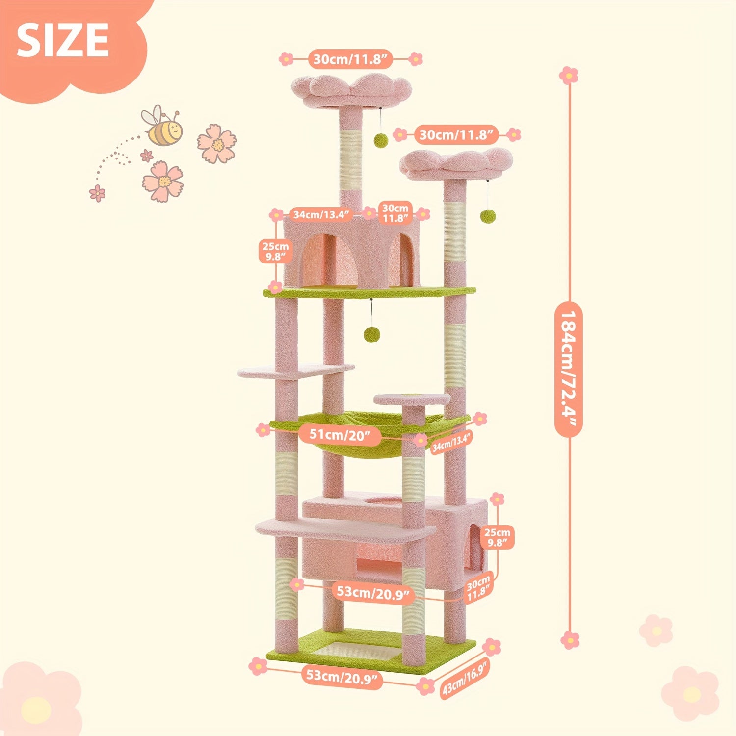 TEMU 72.4-45.7in Cat Tree, Large Cat Tower With 7 Scratching Posts, 2 Perches, 2 Caves, Hanging Basket & Hammock, Pompoms, Stable House, Multi-level