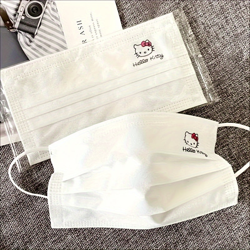 TEMU 50pcs For Hello Kitty Disposable Face Mask, Three-layer Non- Fabric With Cute Cartoon Print, Breathable And Comfortable - Fashion White Women's