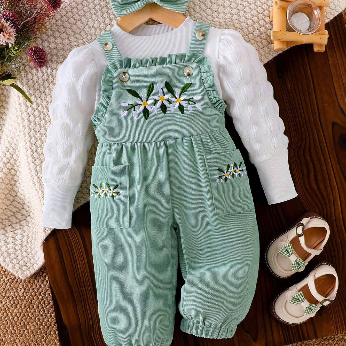 TEMU 3pcs Baby Girl Outfit Set - Floral & Puff Sleeve Rompers With Matching Headband & Bow Belt-like Waist Accent | Mint Green Jumpsuit | Machine