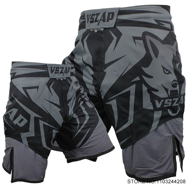 Mens MMA Shorts Vszap Fight Pants Gray Wolf Print Premium Martial Arts Muay Thai Boxing Shorts BJJ Grappling Sparring Trunks