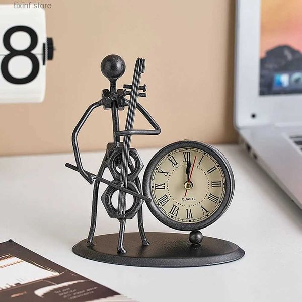 Decorative Objects Figurines Retro Metal Musical Clock Modern Home Decor Creative Iron People Model Desk Table Clock Simple Time Recording A