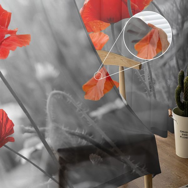 Poppy Flower Red Window Curtains Bedroom Modern Drape Sheer Tulle Valances Living Room Kitchen Voile Curtain