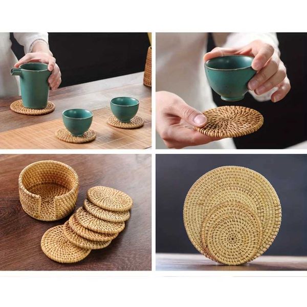 1Pcs Knitting Rattan Round Cup Mat - Anti-Scalding Non-Slip Placemat for Hotel-Restaurant - Stylish and DurableT250117