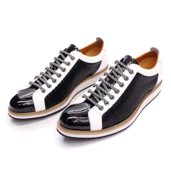 Brand Large Size Men&#039;s Flat Sneakers 6 to 13 Patent Leather Lace-up Black White Casual Shoes for Men