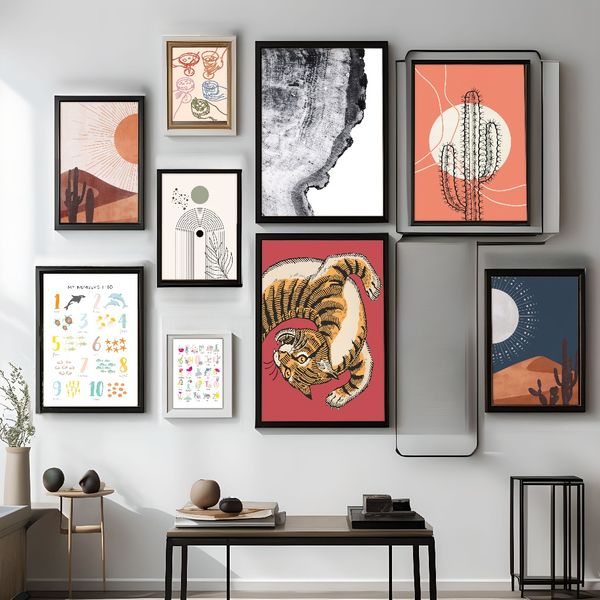 2 pieces Wooden Framed Canvas Poster southwestern cactus desert, abstract plants and flowers, natural boho style art