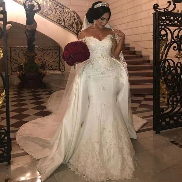 2023 Luxury Mermaid Wedding Dresses Bridal Gowns With Overskirts Off Shoulder Lace Ruched Sparkle Rhinstone Dubai stain Vestidos De Novia Cu