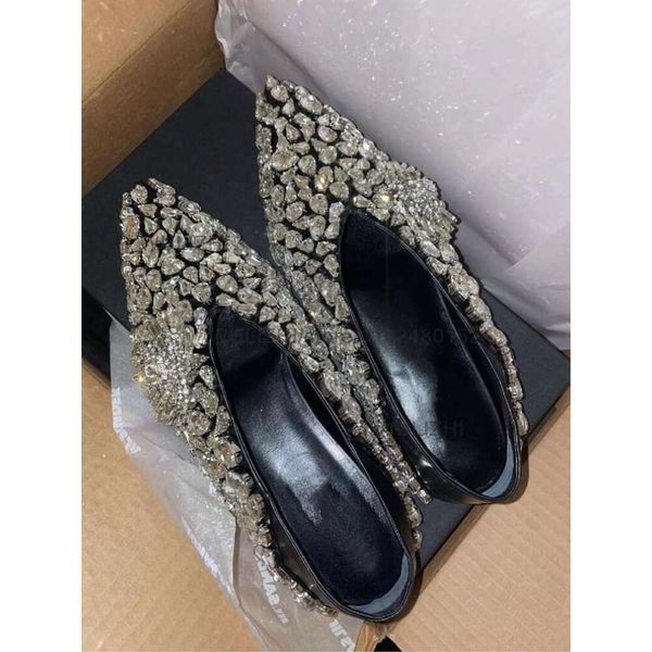 Sier Dia Large Crystal Stone Mules Women Flat Sandals Pointed Black Leather Slippers Bg Catwalk Jeweled Patchwork Shoes