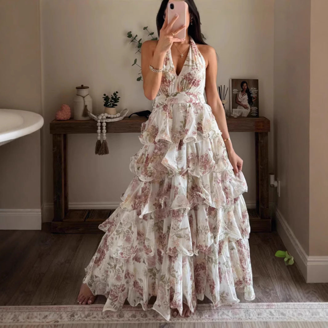 M092 pring new women&#039;s dress fashion suspenders multi-layered printed dress